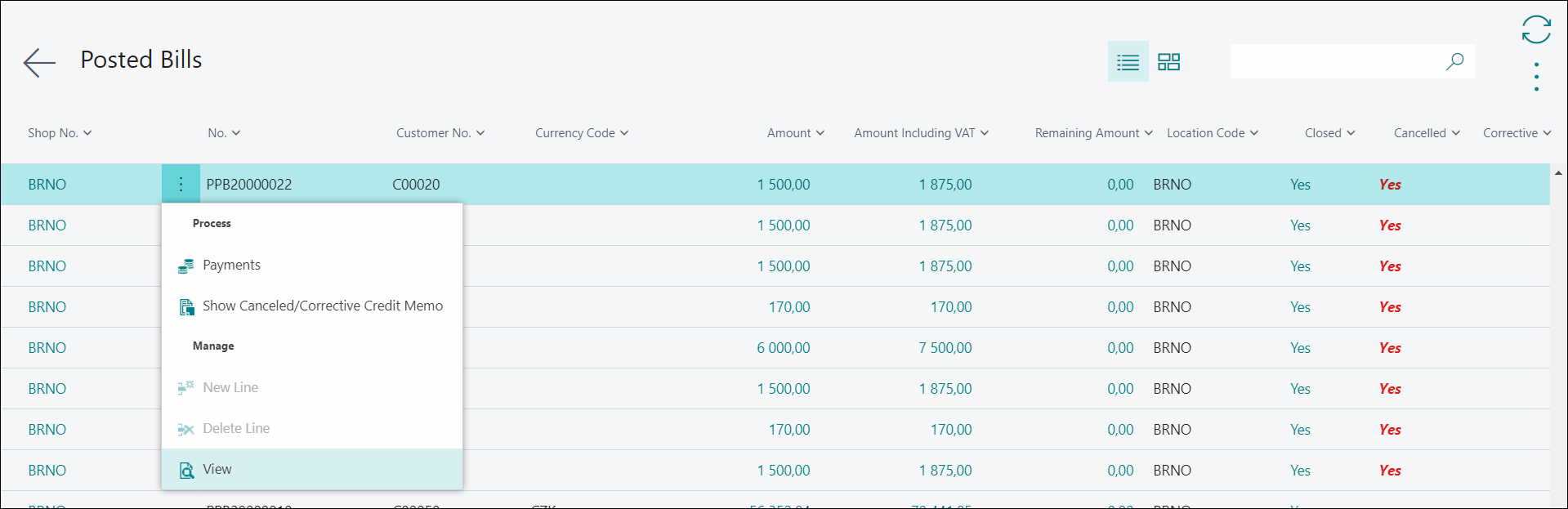Posted Bills List - Payments