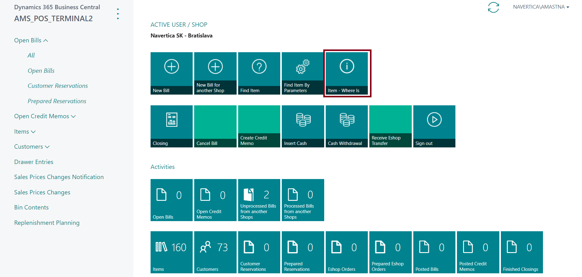 Item Where-Is Tile in POS Role Center