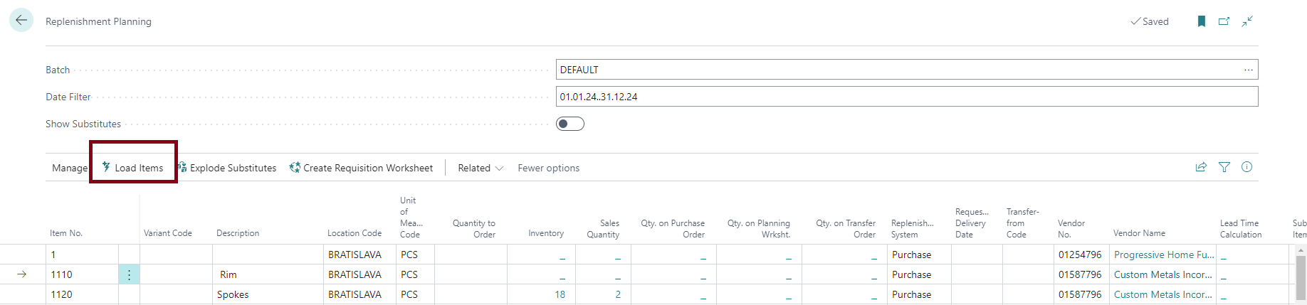 Replenishment Planning - Load Items Action