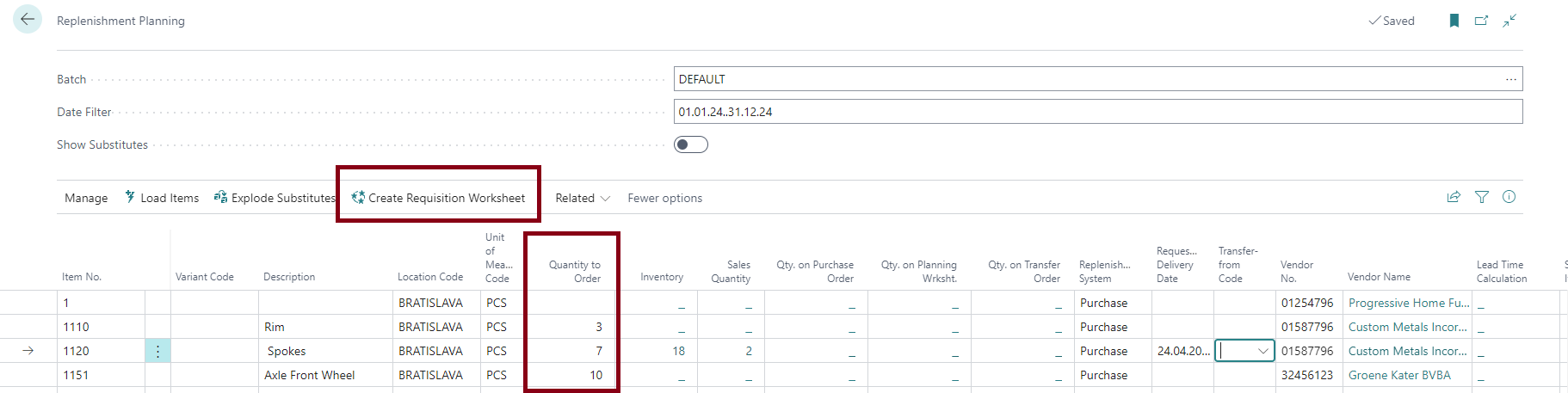 Replenishment Planning - Quantity to Order, Create Requisition Worksheet