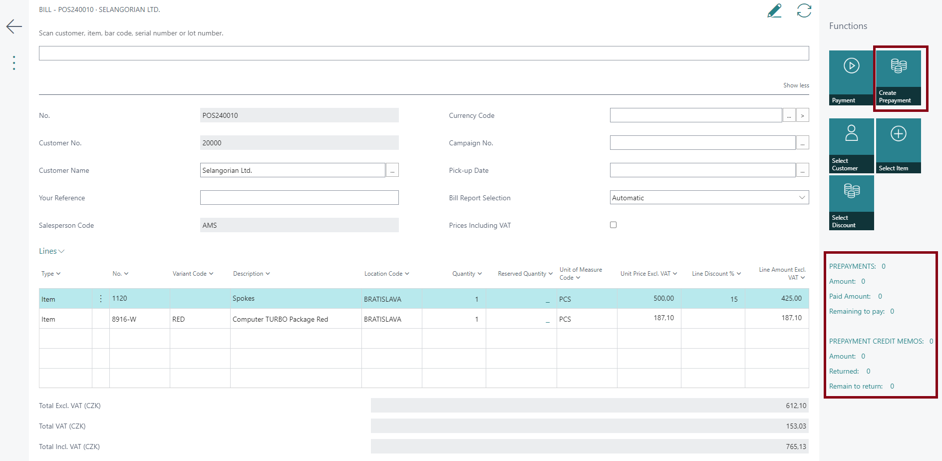 Bill Prepayments - Actions