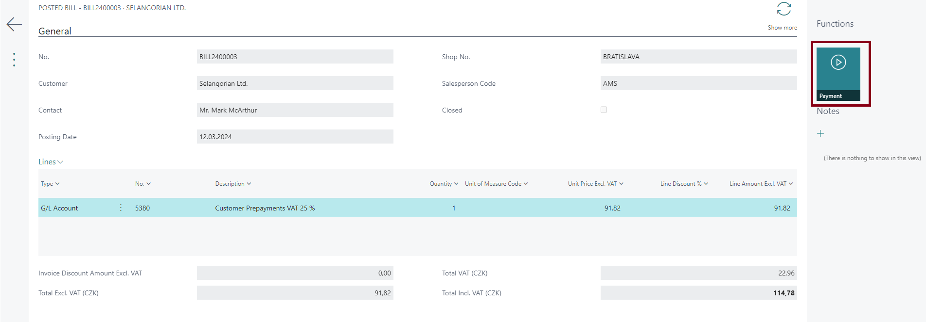 Paying Prepayment - Payment Action on Posted Bill