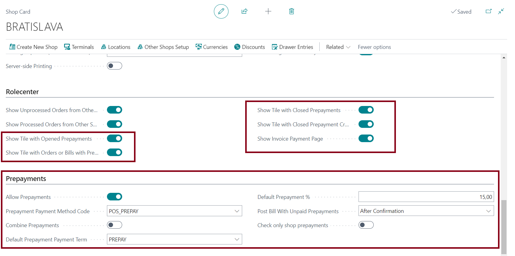 Prepayment Setup - Shop Card