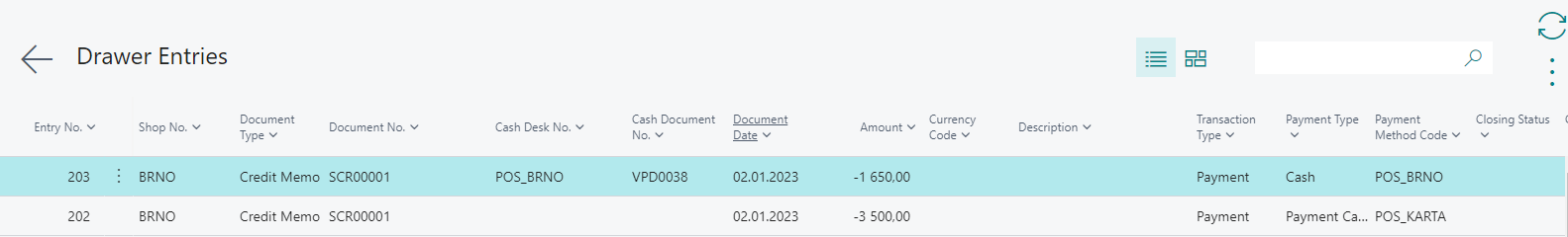 Service credit memo drawer entries
