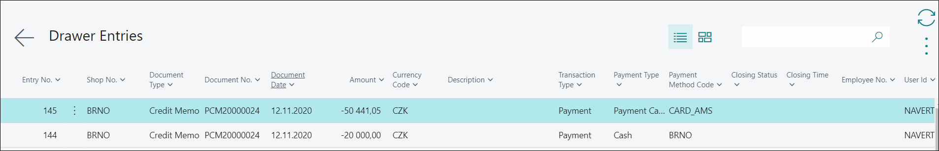 Credit Memo Drawwer Entries