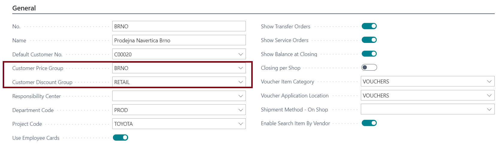 Setting up groups on the shop card