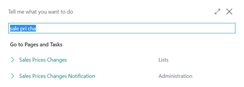Sales Price Changes lookup in the menu