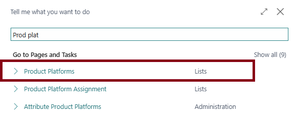 Product Platforms in BC menu
