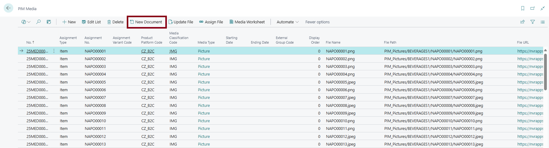 Action for creating a new document