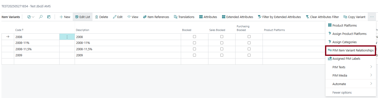 Item Variant relationships action
