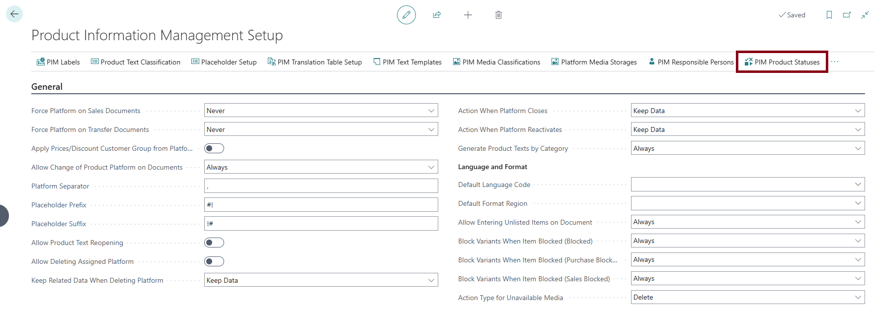 PIM Product Status setup