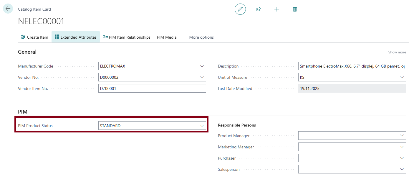 Product status on Catalog Item Card