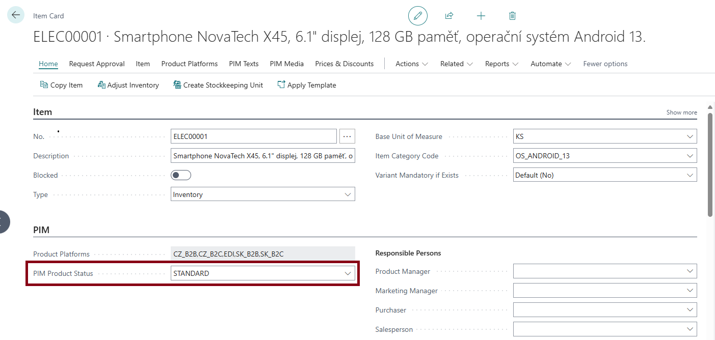 Product status on Item Card
