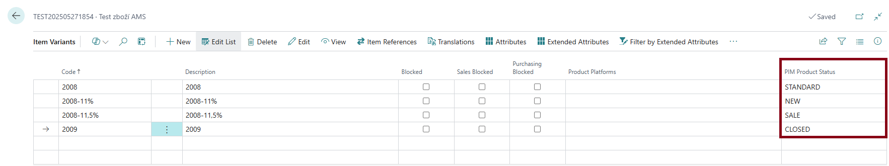Product status in Item Variant List