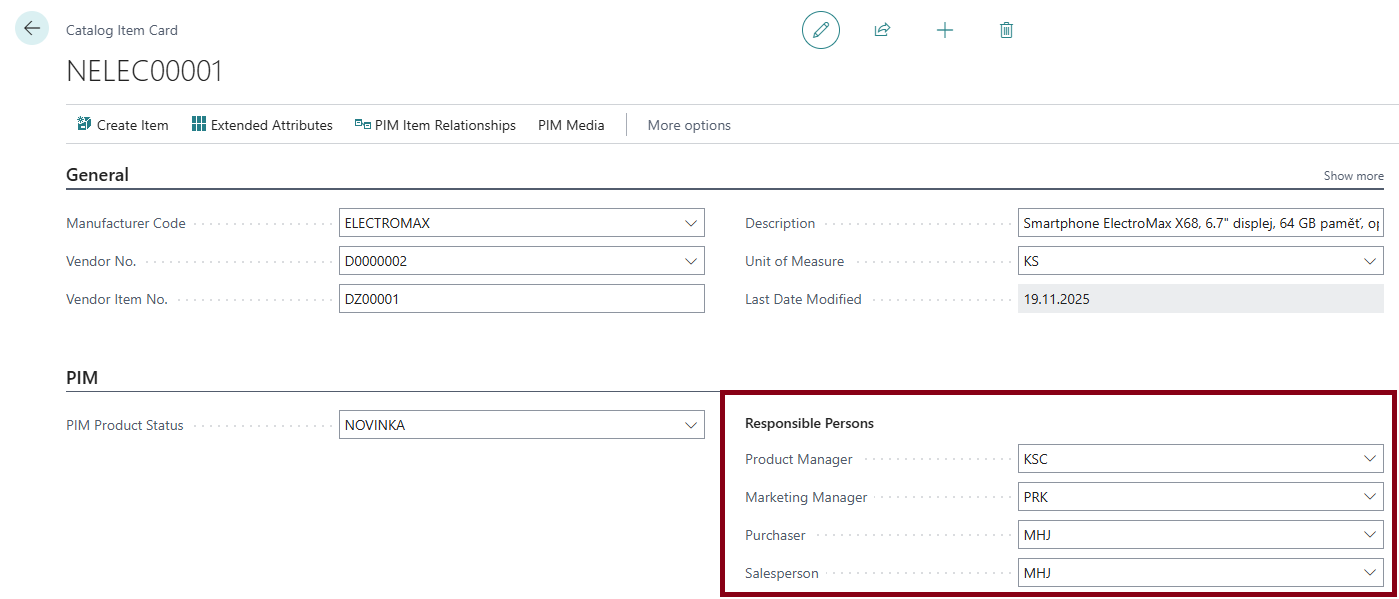 Responsible persons on Catalog Item Card