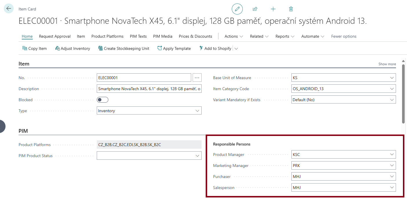 Responsible persons on Item Card