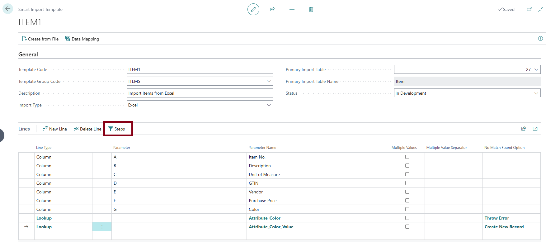Smart Import Template Line Steps Action