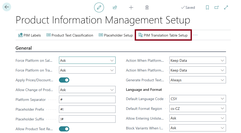 PIM translation tables setup - action