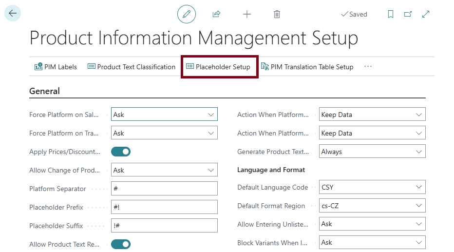 Placeholder setup from Product Information Management Setup