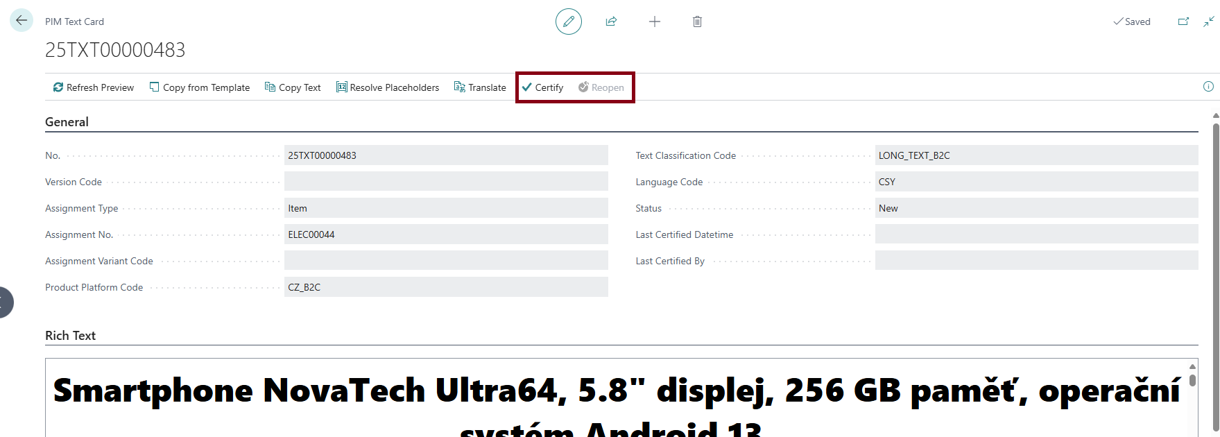 Certify / Reopen product text