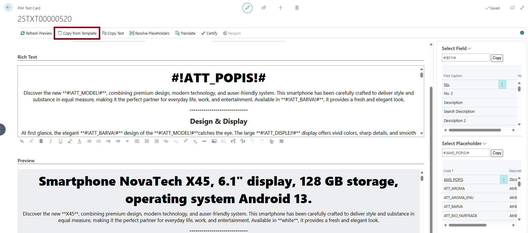 Copy from PIM text template