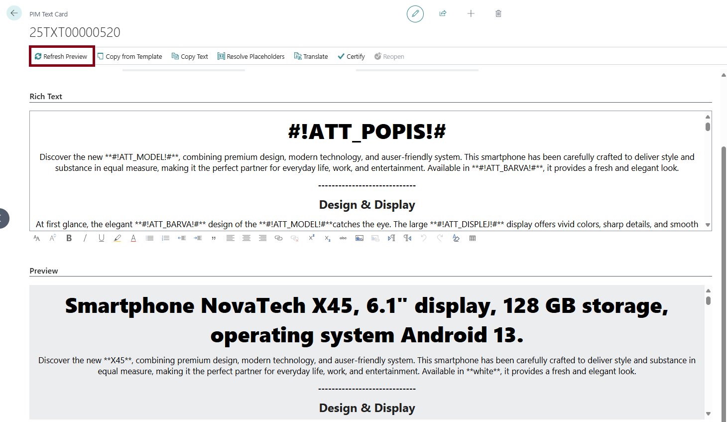 Updating PIM text preview