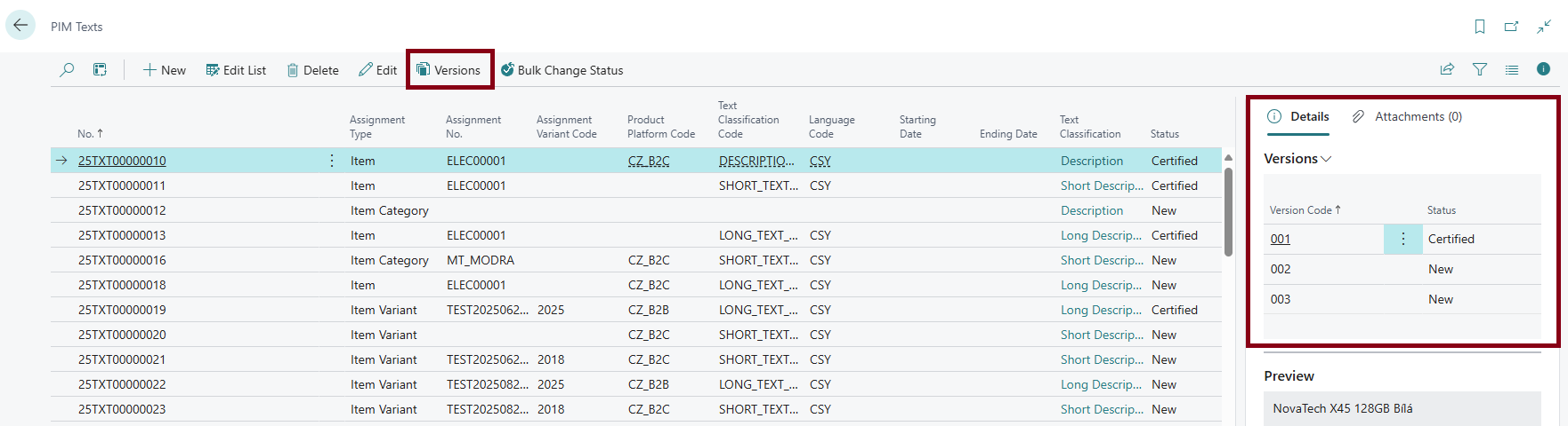 Product text versions - action