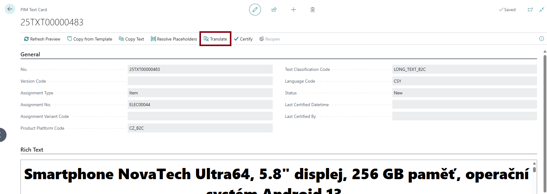 PIM text translations